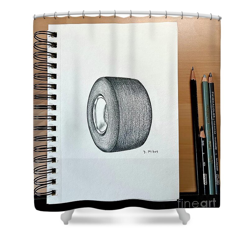  Shower Curtain featuring the drawing Sketch of Drag Racer wheel by Donna Mibus