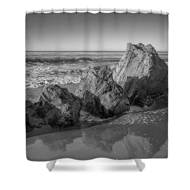 Beach Shore Rocks Monochrome Black And White Boulders Sand Shower Curtain featuring the photograph Skinny Dippers SS BW by Perry Hambright