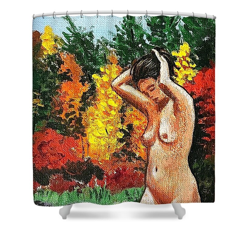  Shower Curtain featuring the painting Skinny Dipping in Walden pond by James RODERICK