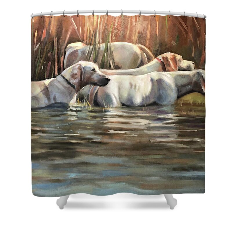 Hounds Dogs Painting Portrait Foxhounds Water Contemporary Shower Curtain featuring the painting Skinny Dipping by Susan Bradbury