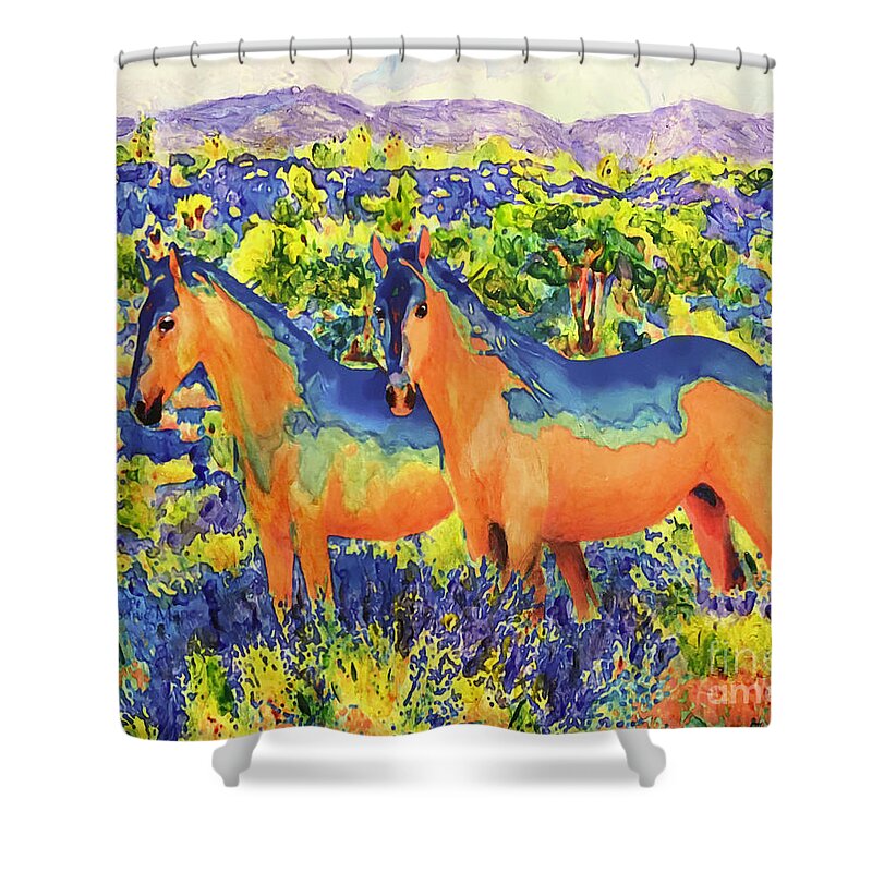 Sky Ponies Shower Curtain featuring the painting Sky Ponies, Indian Painted by Bonnie Marie