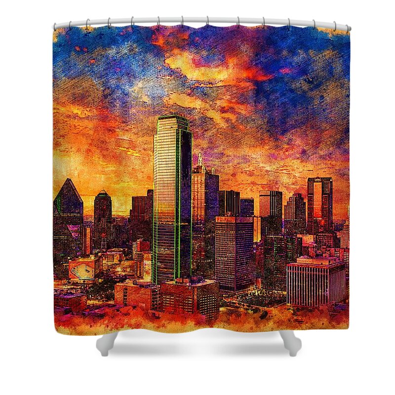 Dallas Shower Curtain featuring the digital art Skyline of downtown Dallas, Texas, at twilight - digital painting by Nicko Prints