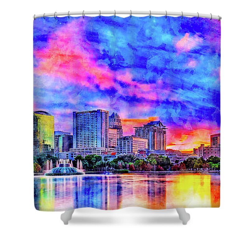 Downtown Orlando Shower Curtain featuring the digital art Skyline of downtown Orlando, Florida, seen at sunset from lake Eola - ink and watercolor by Nicko Prints