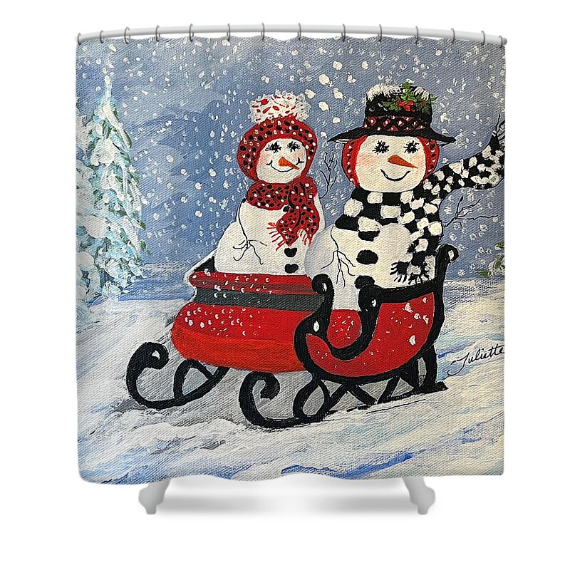 Snowman Shower Curtain featuring the painting Sleighride in the Snow by Juliette Becker