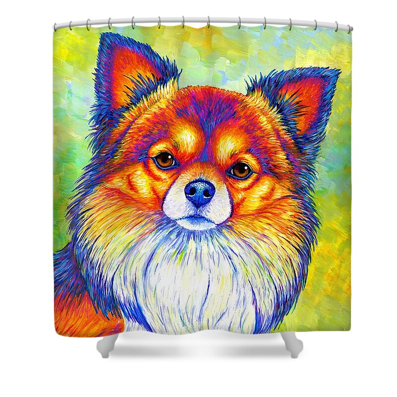 Chihuahua Shower Curtain featuring the painting Small and Sassy - Colorful Rainbow Chihuahua Dog by Rebecca Wang