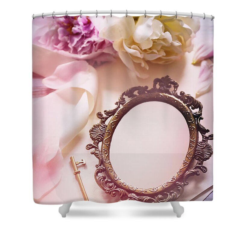 Antique Shower Curtain featuring the photograph Small brass mirror with flowers and key by Sandra Cunningham