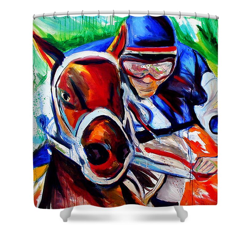 Kentucky Horse Racing Shower Curtain featuring the painting Smarty Jones by John Gholson