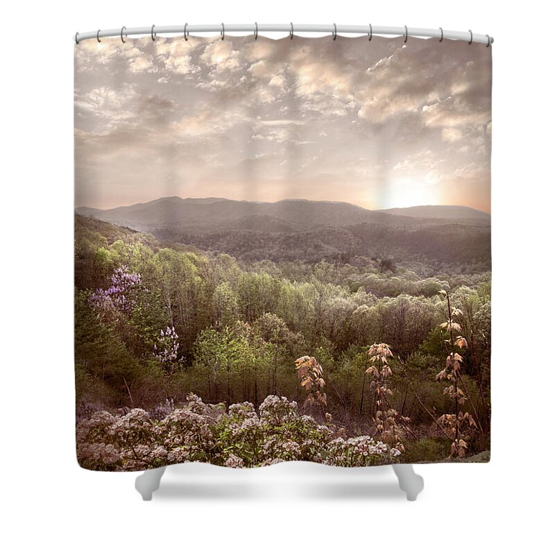 Benton Shower Curtain featuring the photograph Smoky Mountains Blue Ridge Overlook at Sunset Soft Hues by Debra and Dave Vanderlaan