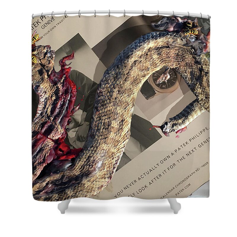 Mashup Shower Curtain featuring the mixed media Snake, blood, and money by Jonathan Thompson