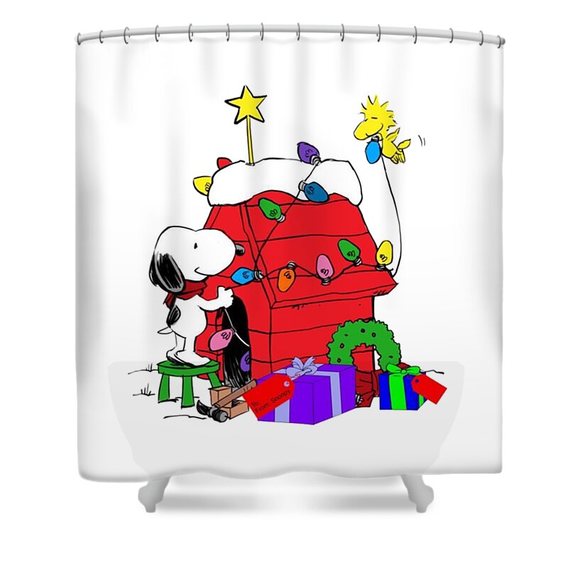 Snoopy decorating his dog house Shower Curtain by Wily Alien - Pixels