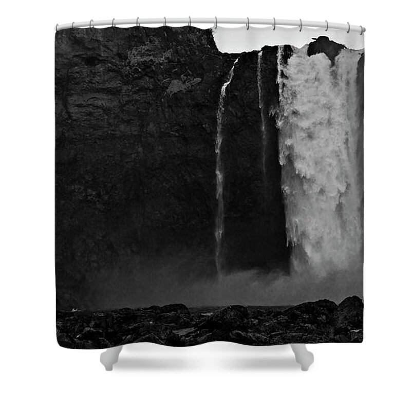 Majestic Shower Curtain featuring the photograph Snoqualmie Falls Black and White 3 by Pelo Blanco Photo