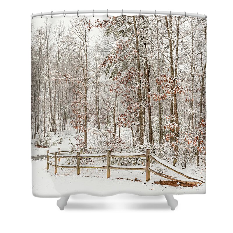 Fence Shower Curtain featuring the photograph Snow Around the Corner by Joni Eskridge
