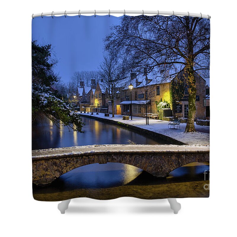 Bourton On The Water Shower Curtain featuring the photograph Snow at Dawn Bourton on the Water by Tim Gainey