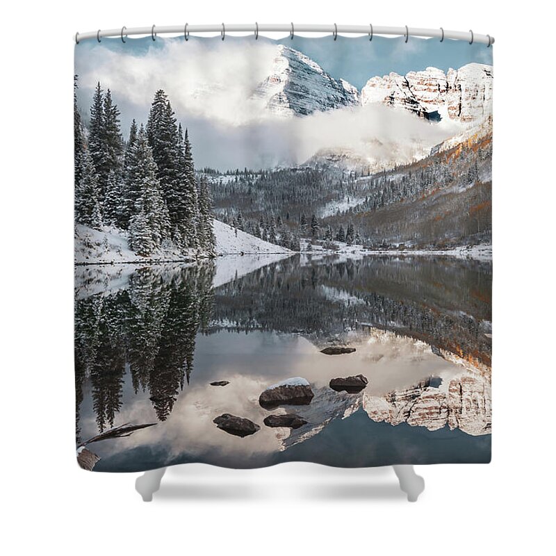 Maroon Bells Shower Curtain featuring the photograph Snow Capped Maroon Bells Mountain Peaks - Aspen Colorado by Gregory Ballos