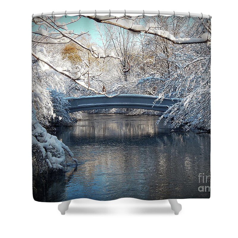 Snow Shower Curtain featuring the photograph Snow Covered Bridge by Phil Perkins