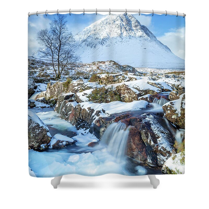 Buachaille Etive Mor Shower Curtain featuring the photograph Snow covered Buachaille Etive Mor in the Scottish Highlands by Neale And Judith Clark