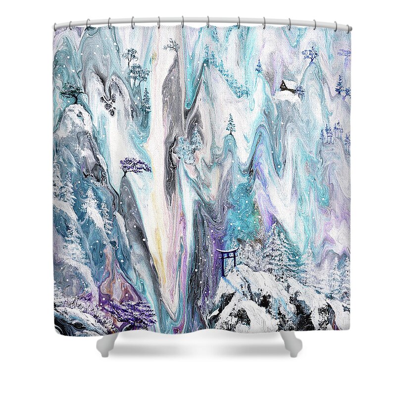 Torii Shower Curtain featuring the painting Snow Falling Quietly on Torii by Laura Iverson