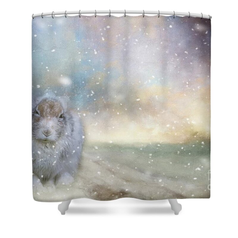 Snow Hare Shower Curtain featuring the mixed media Snow Hare in a Snow Storm by Eva Lechner