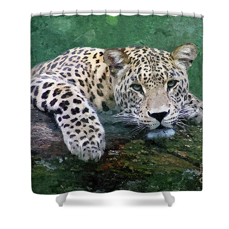 Snow Leopard Shower Curtain featuring the digital art Snow Leopard by Denise Dundon