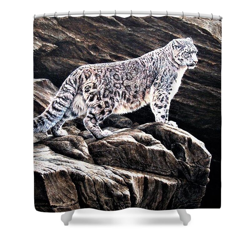 Snow Leopard Shower Curtain featuring the painting Snow Leopard on rock by Alan M Hunt