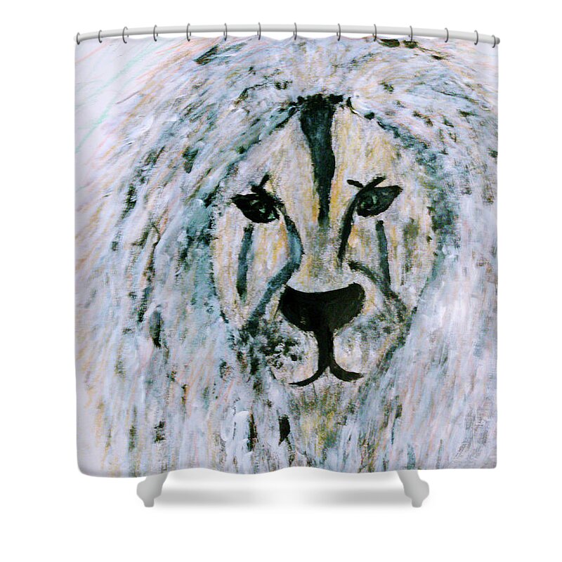 Lion Shower Curtain featuring the mixed media Snow Lion by Anna Adams