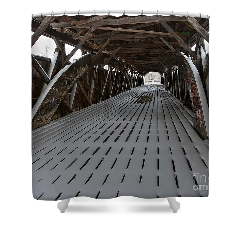 Porter - Parsonsfield Covered Bridge Shower Curtain featuring the photograph Snow on the Covered Bridge by Steve Brown