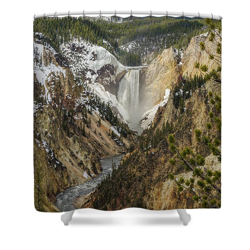 Yellowstone National Park Shower Curtain featuring the photograph Snow On The Falls by Yeates Photography