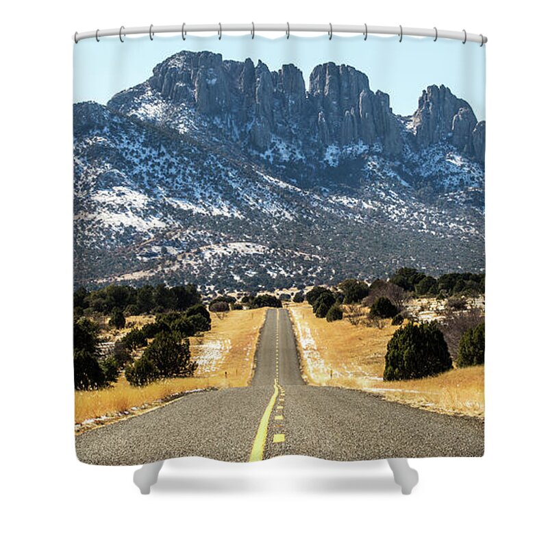 Snow Shower Curtain featuring the photograph Snow - Texas Highway 166 and Sawtooth Mountain by Renny Spencer