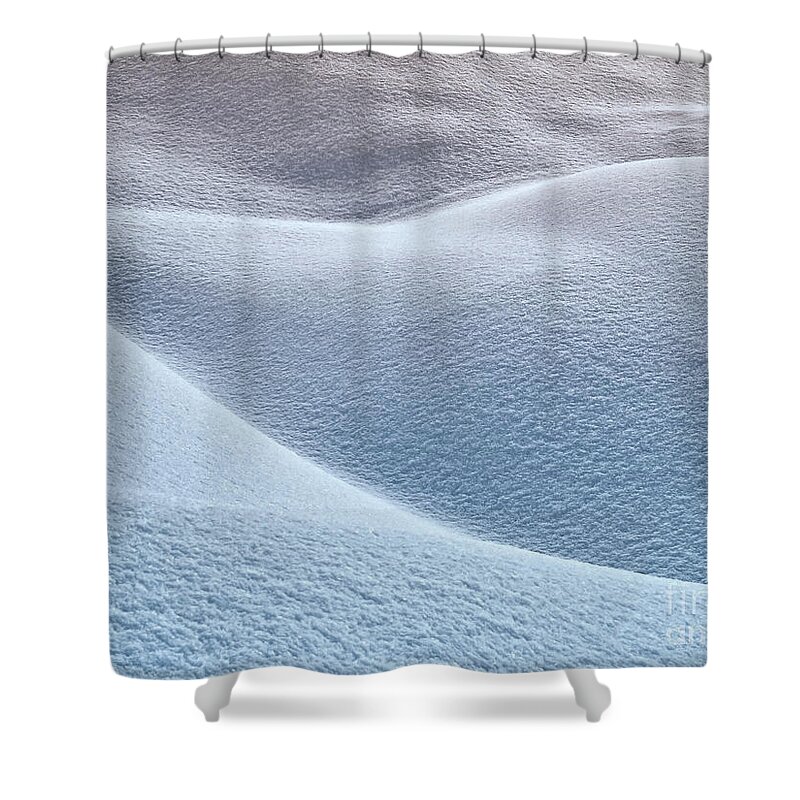 Snow Waves Dusk Dunes Winter Cold Icy Cool Creative Stylish Atmospheric Texture Structural Contemporary Graphics Landscape Delightful Delicate Gentle Beautiful Serene Shape Light Shade Shaping Pleasing Attractive Peaceful Relaxing Painterly Artistic Pastel Patterns Balanced Harmony Abstract Nature Elements Minimal Minimalist Minimalism Simplicity Lines Blueish Softness Dawn Elegant Serenity Impressions Impressionism Untouched Tender Shades Calm Pretty Soft Watercolor Solitude Charming Magical Shower Curtain featuring the photograph SNOW WAVES AT DUSK glow, SNOW DUNES by Tatiana Bogracheva
