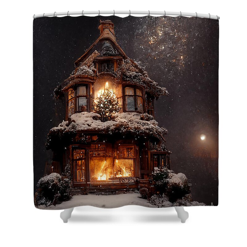 Snowfall Shower Curtain featuring the mixed media Snowfall with Snowball Moon III by Jay Schankman
