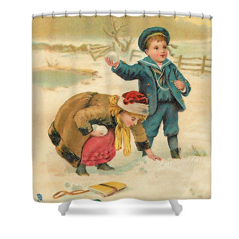 Boy And Girl Shower Curtain featuring the digital art Snowfight after the School by Long Shot