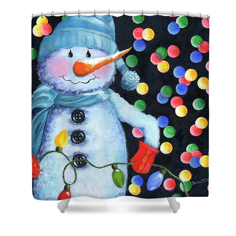 Snowman Shower Curtain featuring the painting Snowie with Twinkling Lights by Donna Tucker