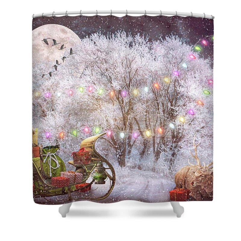Christmas Shower Curtain featuring the digital art Snowing on Santa's Sled in Vintage Colors by Debra and Dave Vanderlaan