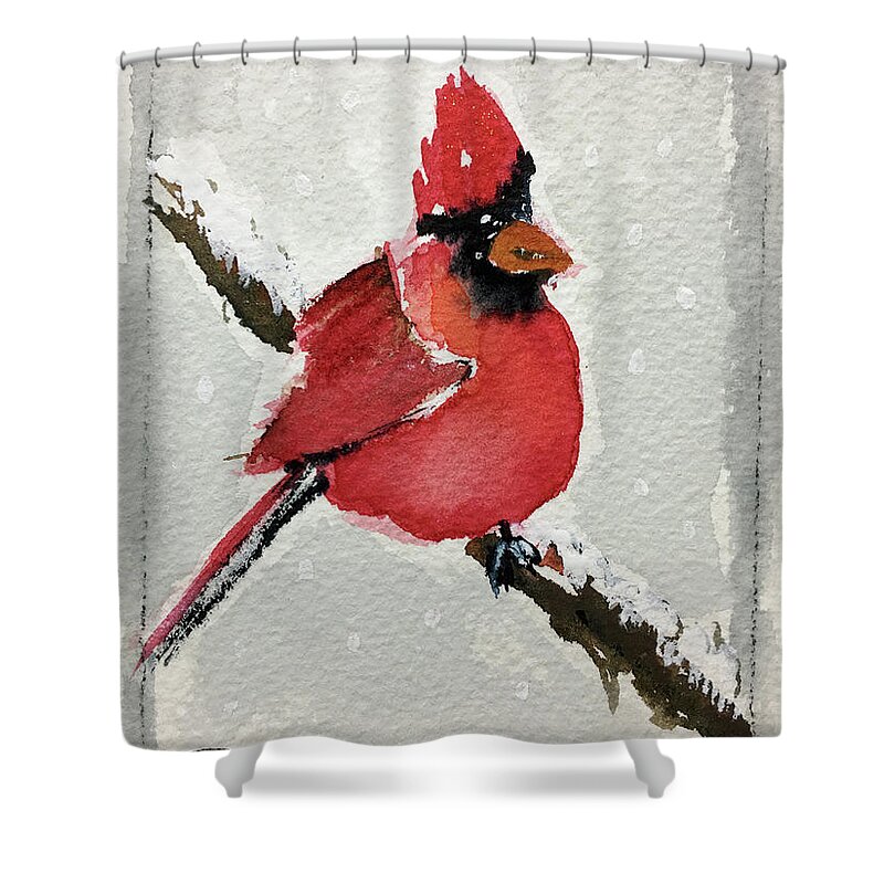 Grand Tit Shower Curtain featuring the painting Snowy Cardinal by Roxy Rich