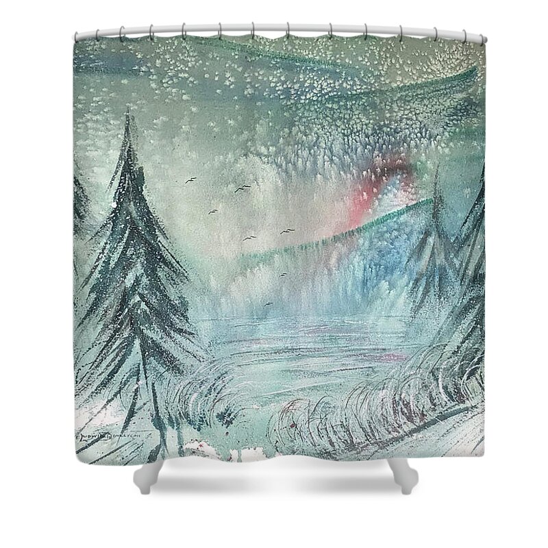 Snowy Mountain Fir Trees Shower Curtain featuring the painting Snowy Mountain Firs by Catherine Ludwig Donleycott