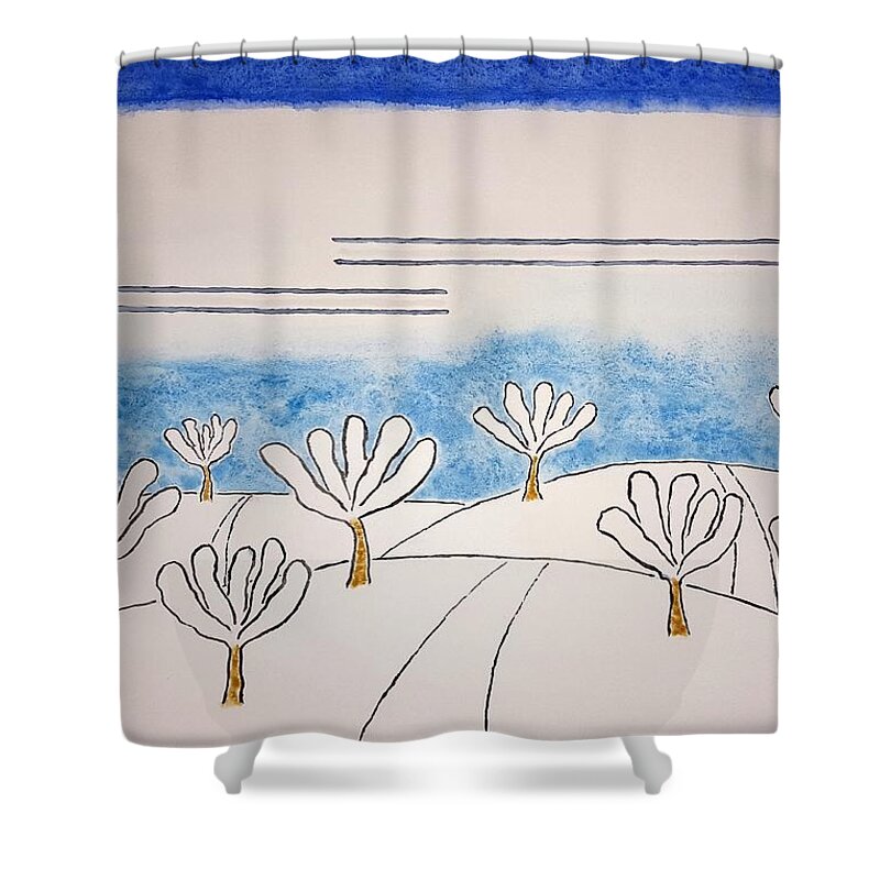 Watercolor Shower Curtain featuring the painting Snowy Orchard by John Klobucher