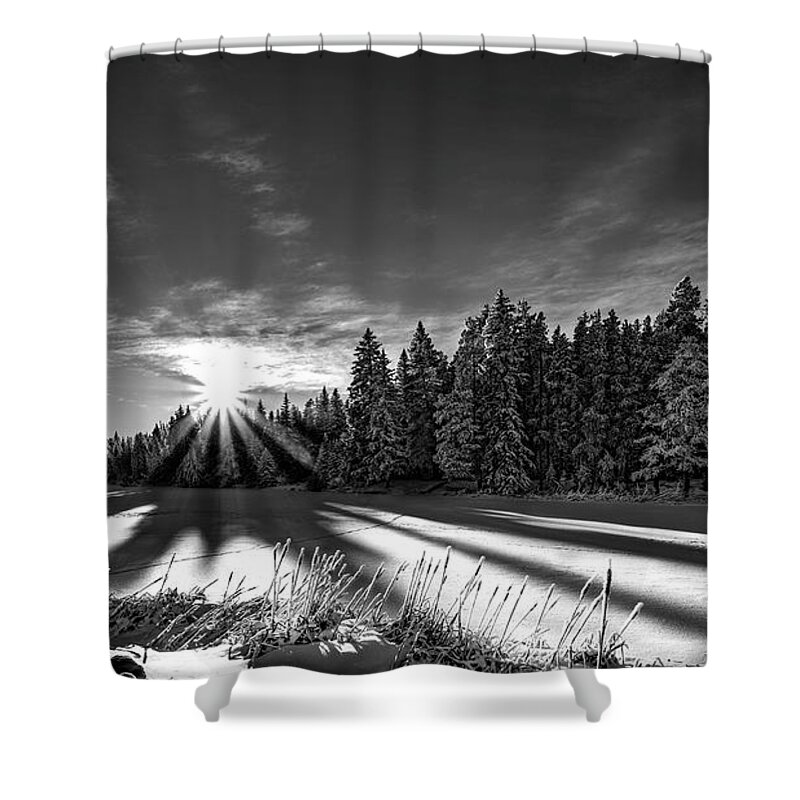 Cypress Hills Shower Curtain featuring the photograph Snowy Sunset by Darcy Dietrich