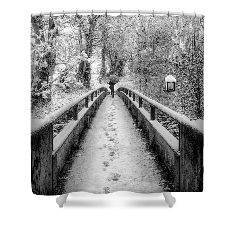Bridge Shower Curtain featuring the photograph Snowy Walk in Black and White by Debra and Dave Vanderlaan