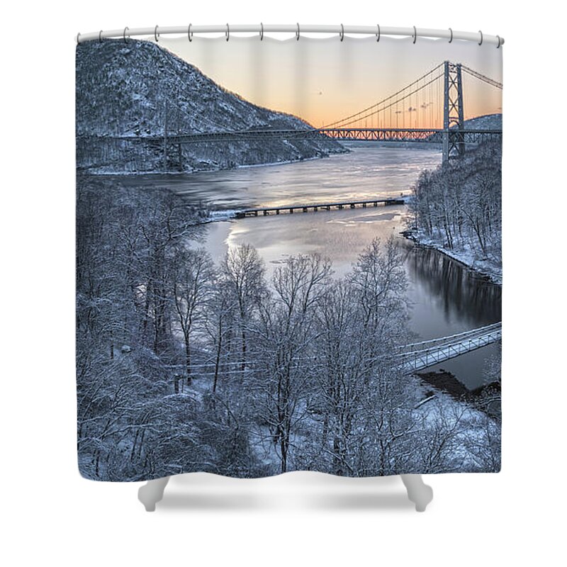 Winter Shower Curtain featuring the photograph Snowy Winter Dawn At Three Bridges by Angelo Marcialis