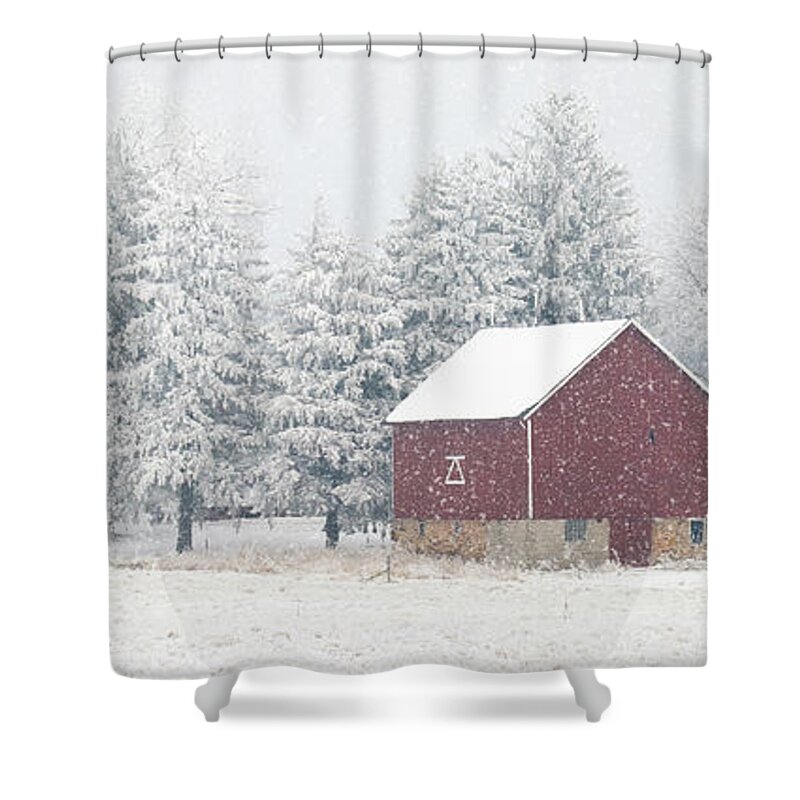 Red Shower Curtain featuring the photograph Snowy Winter Farm PANO by Brook Burling