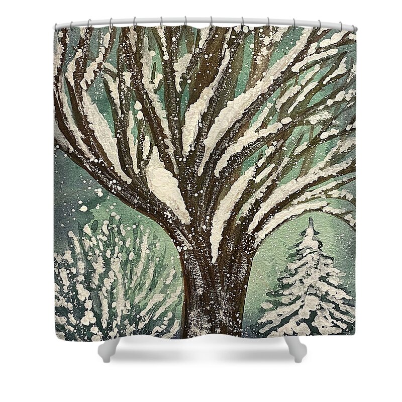 Snowy Yard Shower Curtain featuring the painting Snowy yard by Lisa Neuman