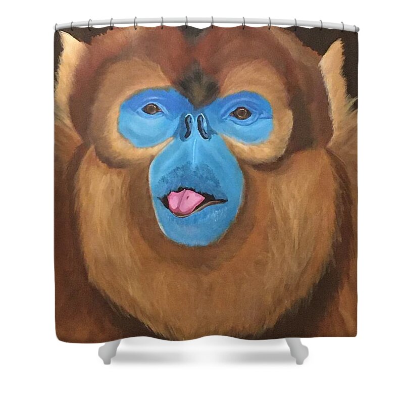  Shower Curtain featuring the painting Snub Nose Monkey-Back at You by Bill Manson