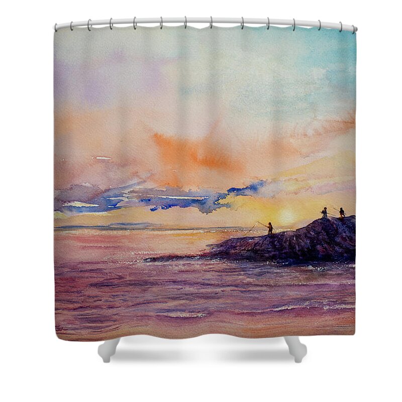 Fishing Shower Curtain featuring the painting Soaking Bait - Oahu by Cheryl Prather