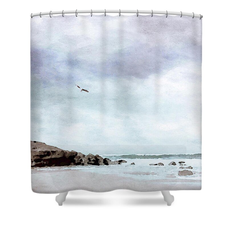 Flying Seagull Shower Curtain featuring the painting Soaring the Summer Sky by Susan Maxwell Schmidt