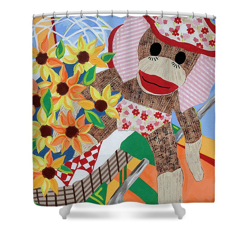 Baby Sock Monkey Painting Shower Curtain featuring the painting Sock Monkey and The Green Bike by Jane Crabtree