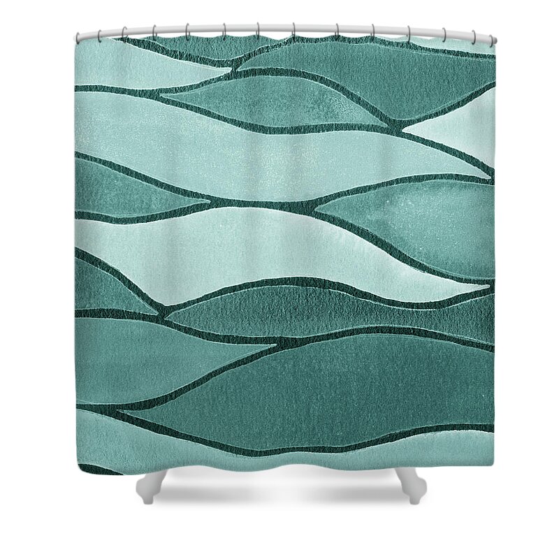 Teal Waves Shower Curtain featuring the painting Soft Gentle Teal Blue Monochrome Watercolor Waves Decor by Irina Sztukowski