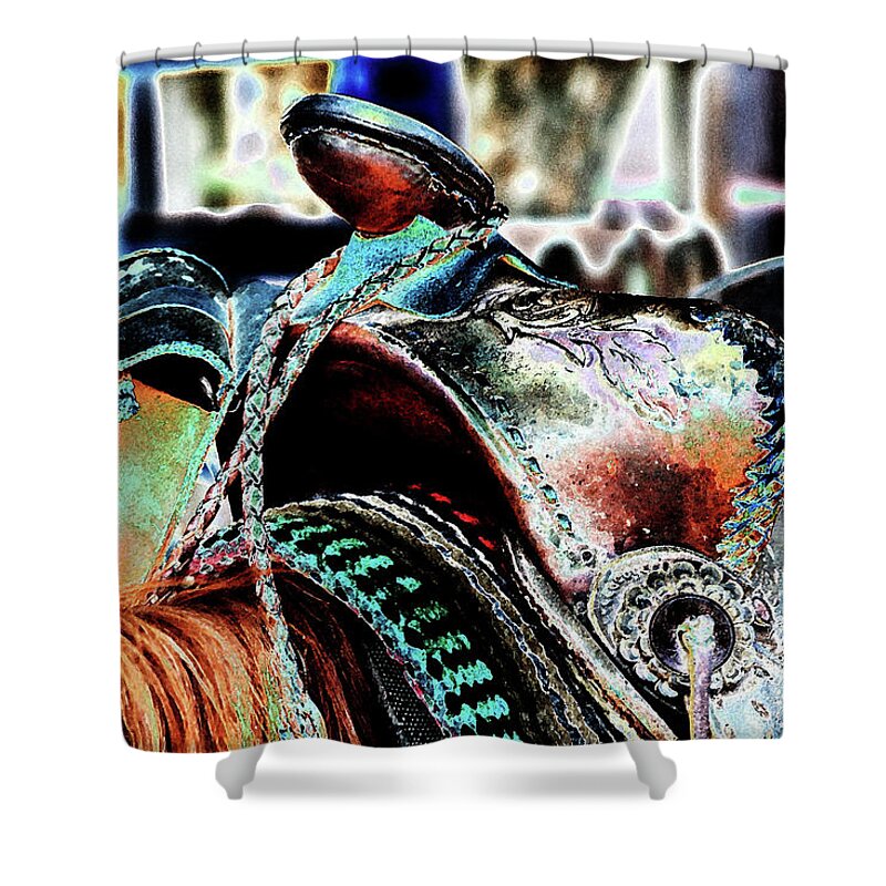 Western Shower Curtain featuring the photograph Solarized Saddle by Tammy Hankins
