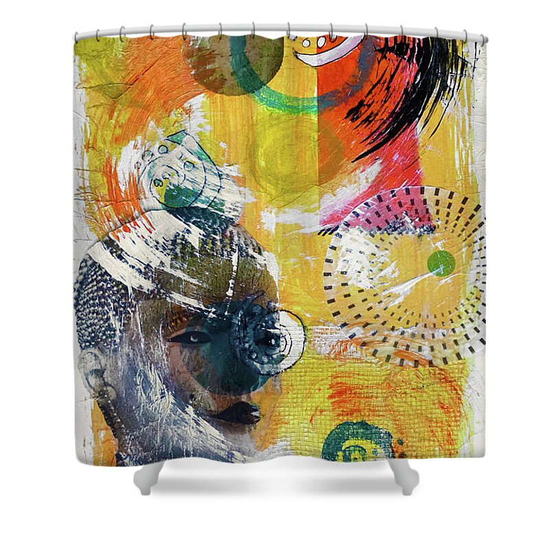 Abstract Shower Curtain featuring the mixed media Something About Round Things by Jessica Levant