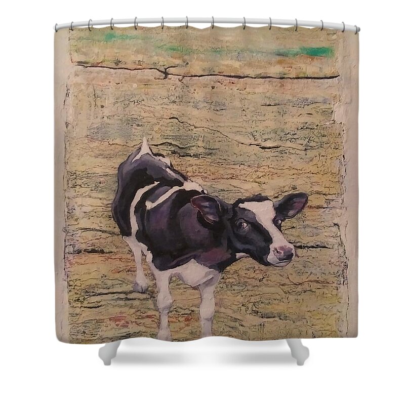 Cow Shower Curtain featuring the painting Something in the Way She MOOS by Jean Cormier