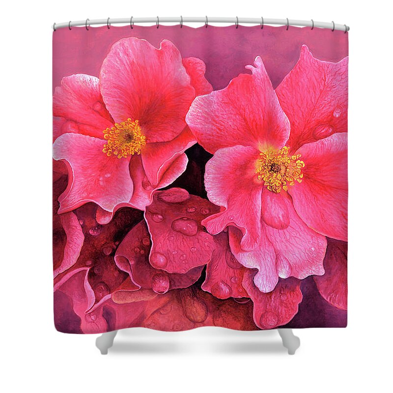 #songsof #roses #sister #named #water #droplets #red #garden #roses Shower Curtain featuring the painting Songs Of Wild Roses by June Pauline Zent